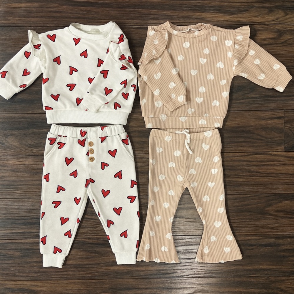 Baby Girl 12M Heart Outfit Sets – 2pc Matching Set Tops & Pants (Bundle of 2)